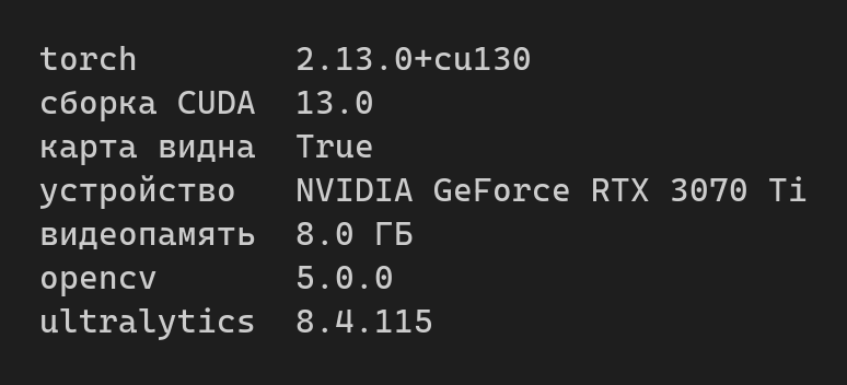 Вывод проверки окружения: torch 2.13.0+cu130, CUDA 13.0, карта видна True, 8 ГБ видеопамяти