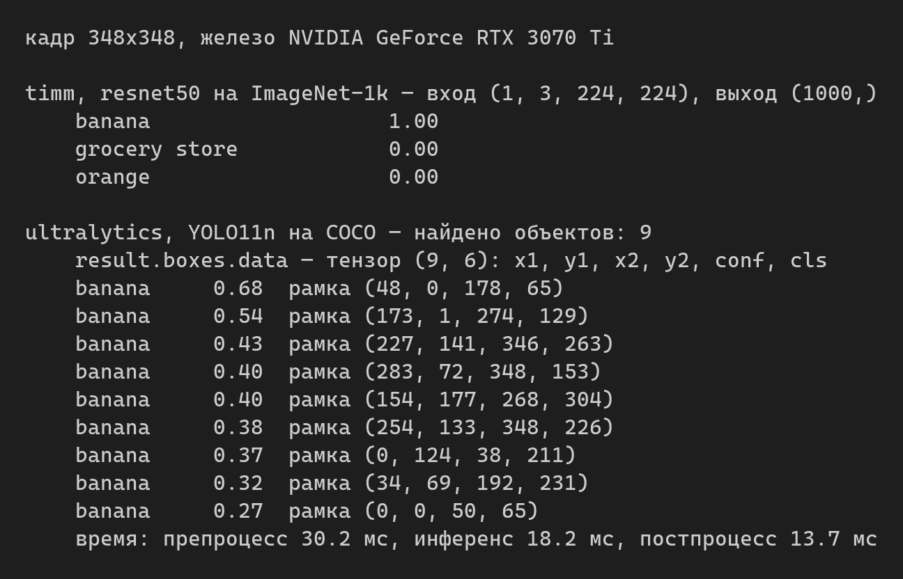 Вывод: timm resnet50 отвечает banana 1.00; YOLO11n находит 9 объектов класса banana с уверенностями от 0.68 до 0.27