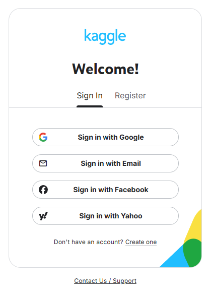 Экран входа Kaggle: вход через Google, почту, Facebook или Yahoo