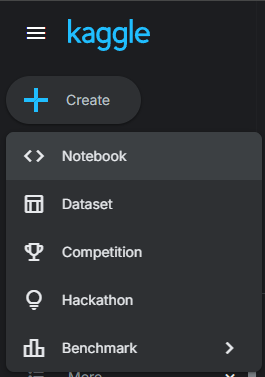 Меню Create на Kaggle с пунктами Notebook, Dataset, Competition, Hackathon, Benchmark