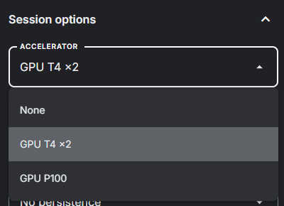 Раскрытый список Accelerator в Session options: None, GPU T4 ×2, GPU P100