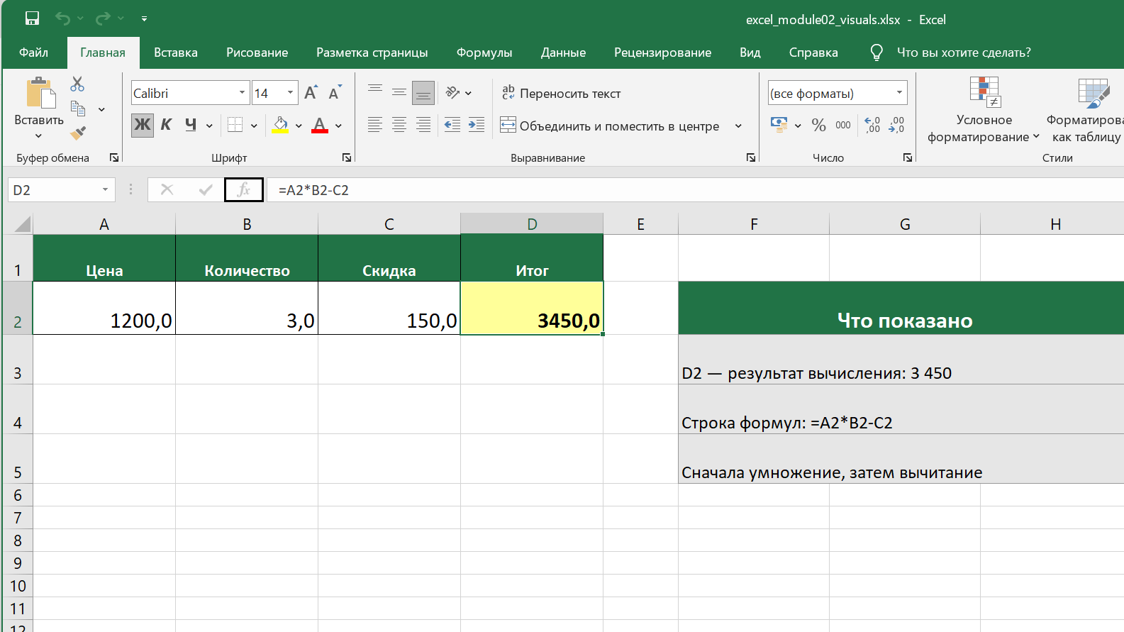 Арифметическая формула в русской версии Excel: исходные значения, результат и запись A2*B2-C2 в строке формул