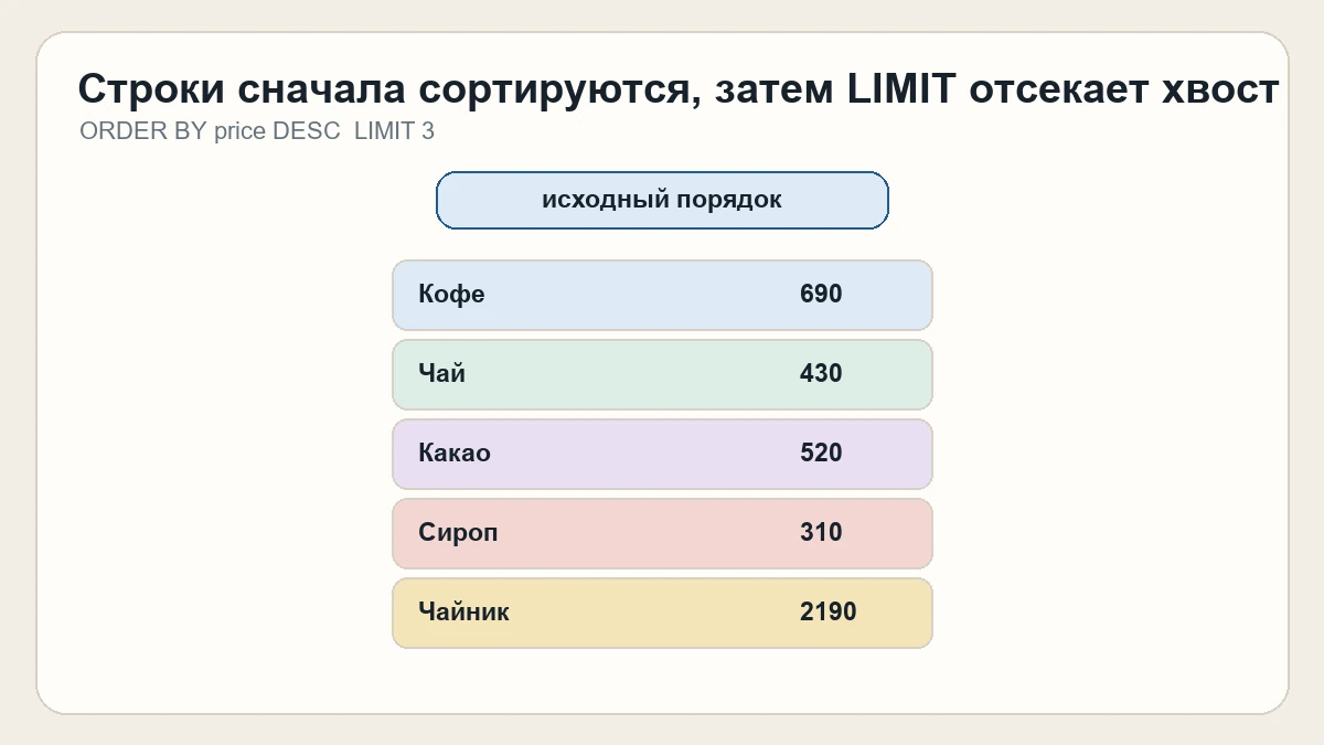 Анимация сортировки товаров по цене по убыванию и последующего ограничения результата тремя строками через LIMIT